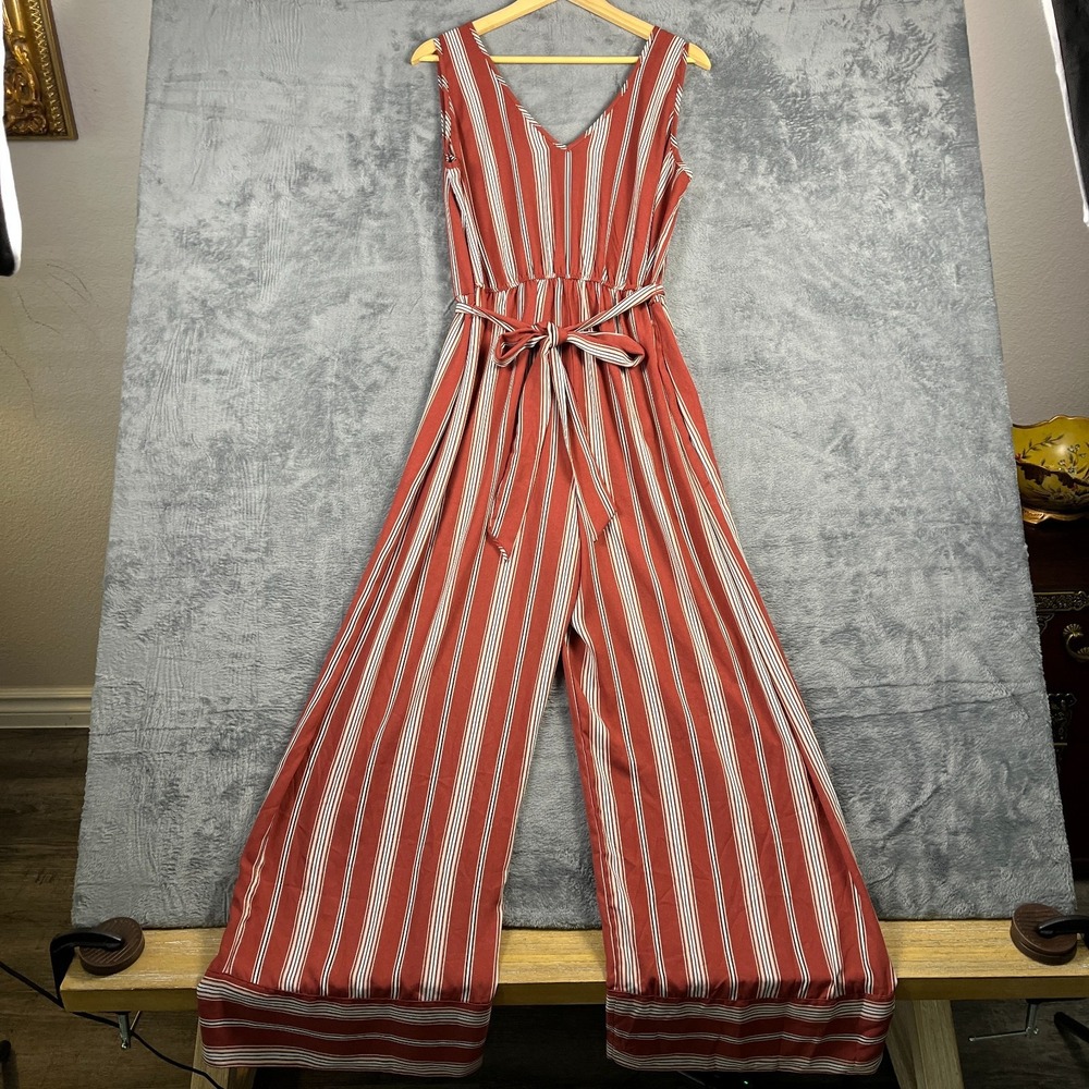 Xhilaration Jumpsuit Womens Large Multi Striped Tie Waist Plunge Neck Wide Leg